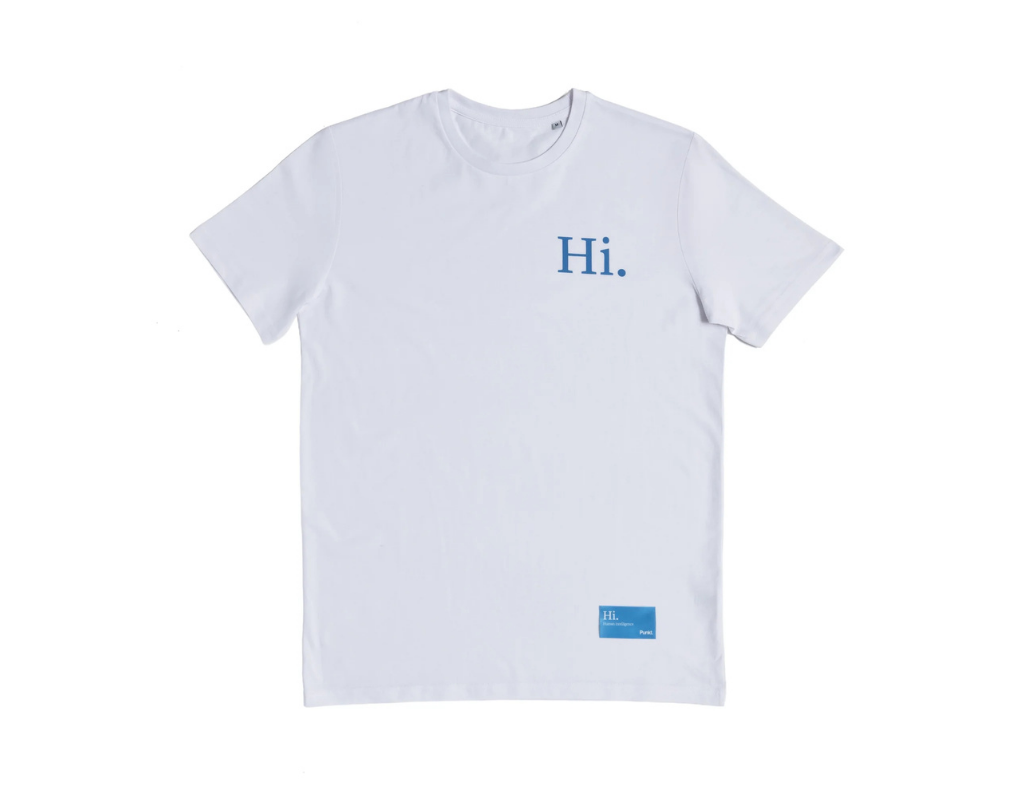 Punkt. T-Shirt mit der Aufschrift "Hi. Human intelligence", weiss